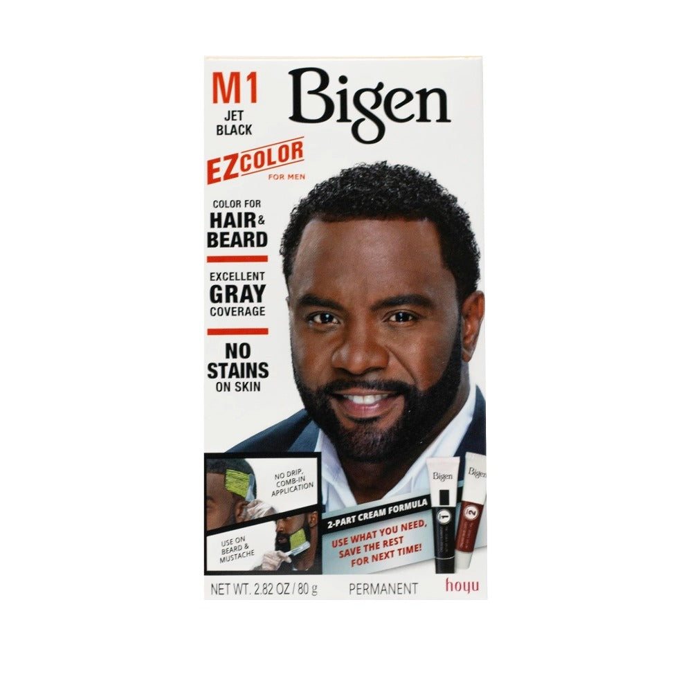 BIGEN M1 Jet Black beard and hair dye kit box showing smiling man with beard and included applicator tubes