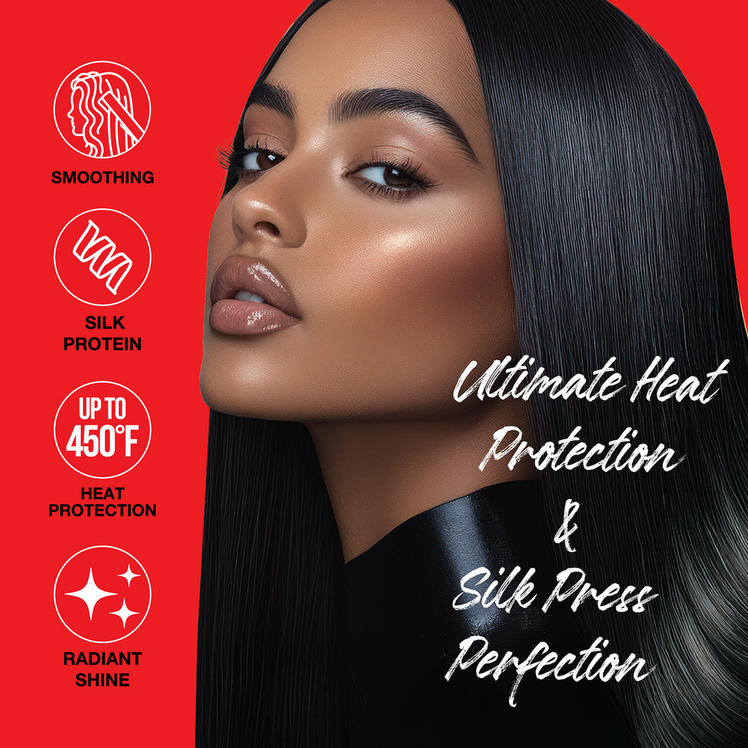 EBIN heat protectant blow dry balm ad showing model with sleek straight hair and radiant shine