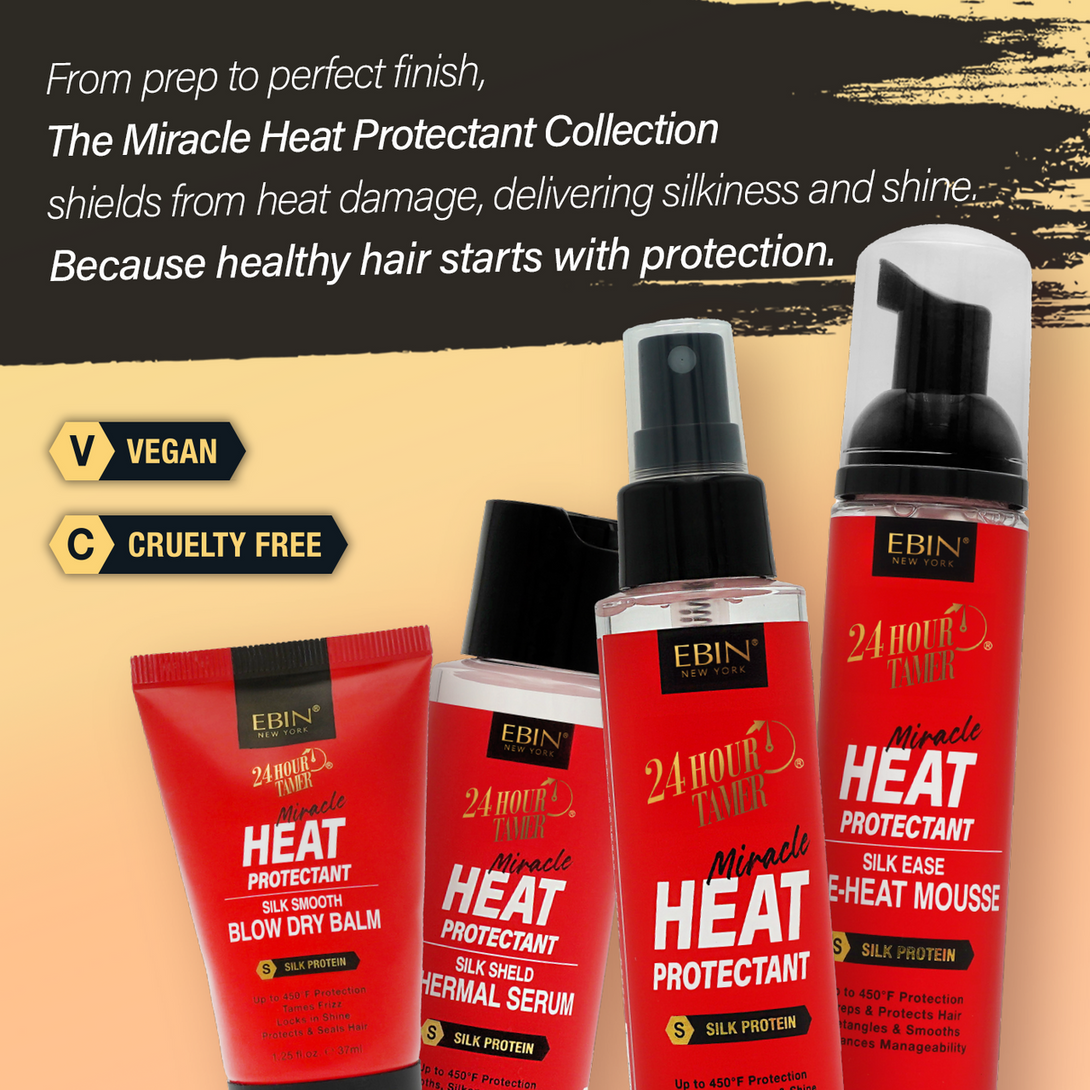 EBIN Miracle Heat Protectant collection featuring red bottles including heat protectant blow dry balm thermal serum and mousse