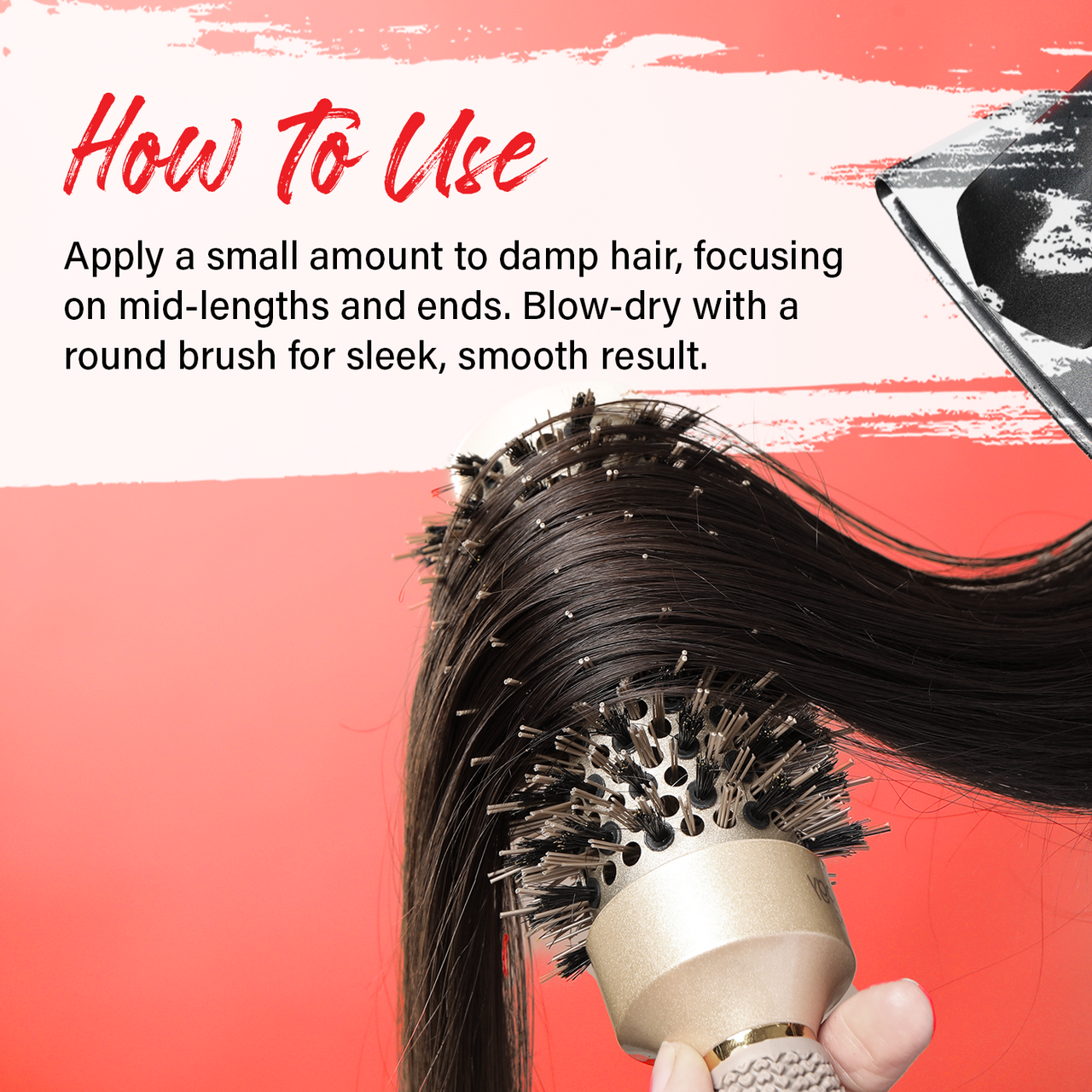 EBIN heat protectant blow dry balm usage image showing round brush blow drying long dark hair and how to use instructions