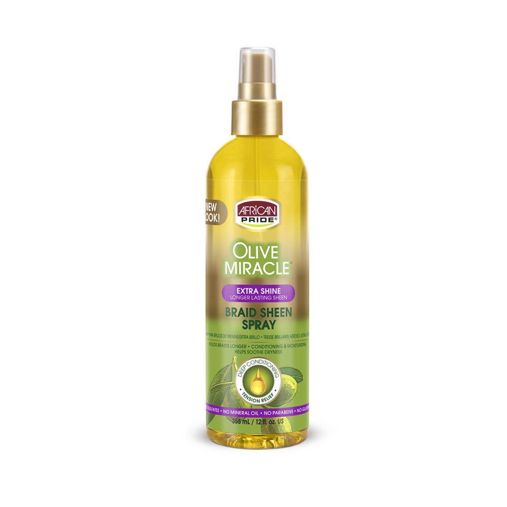 African Pride Olive Miracle olive braid sheen spray for braids yellow spray bottle for extra shine and moisture