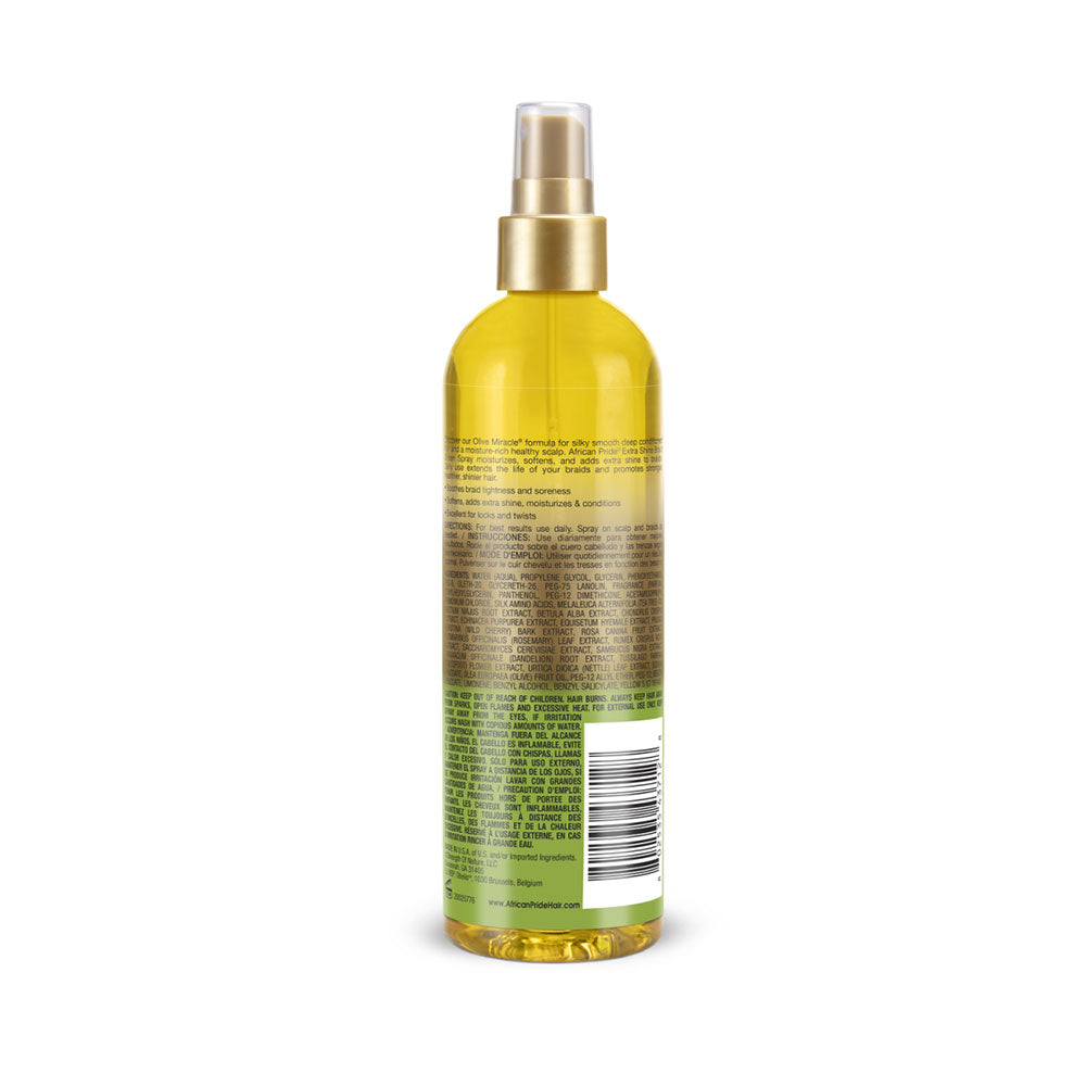 African Pride olive braid sheen spray for braids in tall yellow bottle with gold pump and back label