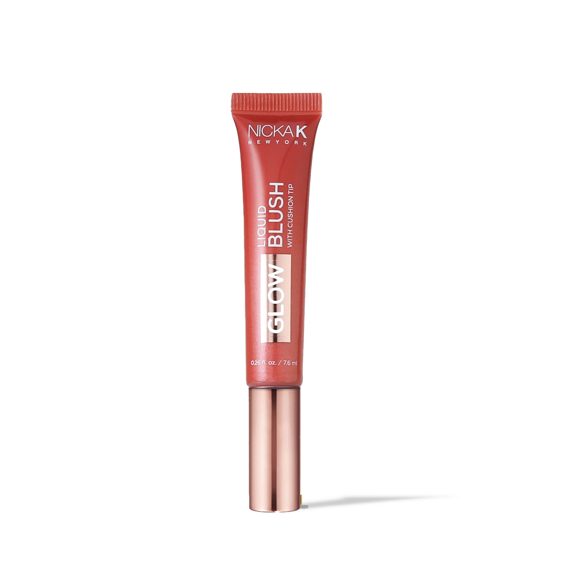 NICKA K liquid glow blush in a sleek red and rose gold tube for radiant cheek color