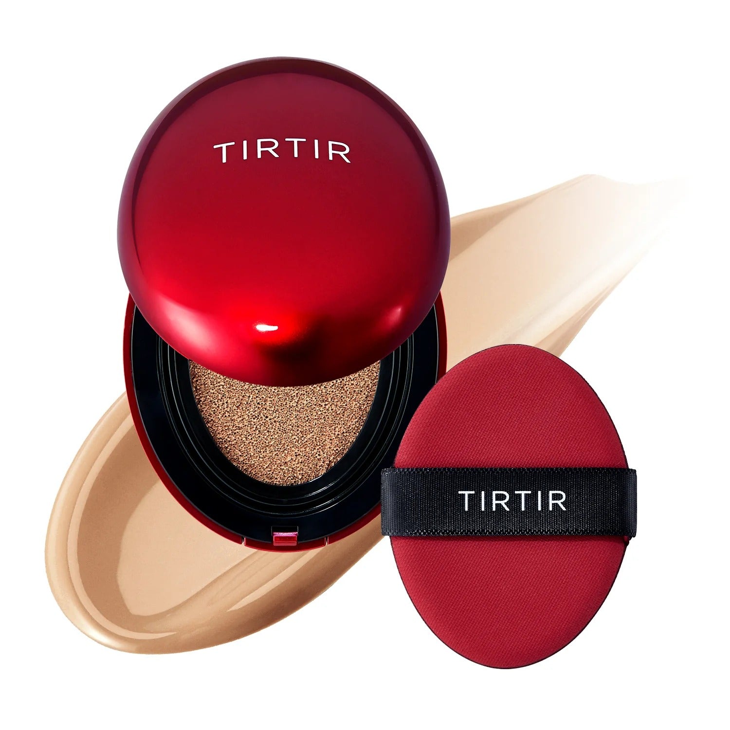 TIRTIR Mask Fit Red Cushion foundation compact with applicator sponge and foundation swatch 1