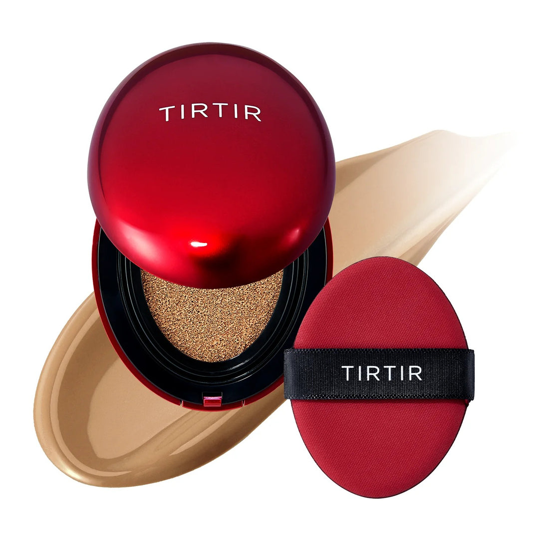 TIRTIR Mask Fit Red Cushion foundation with applicator and beige foundation swatch in red compact