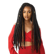 OUTRE X-Pression Natural Kinky Twist hair styled long with gold hair accessories on woman in red top