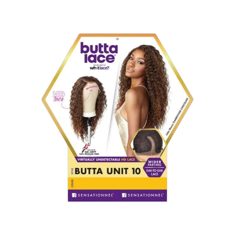 SENSATIONNEL Butta Lace Unit 10 wig packaging showing long curly brown lace front on model and mannequin head
