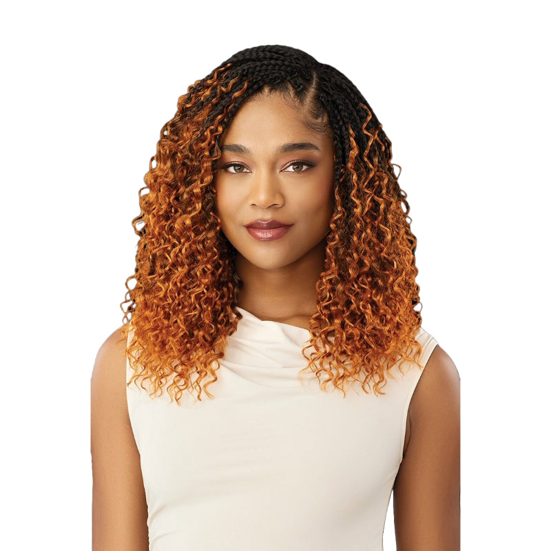 OUTRE boho box braids hair extensions with curly ombre style in black and copper on woman