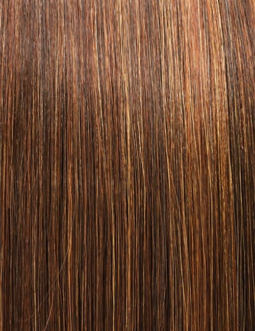 Close-up of OUTRE long wavy ponytail extension showing brown and caramel tones in smooth hair strands
