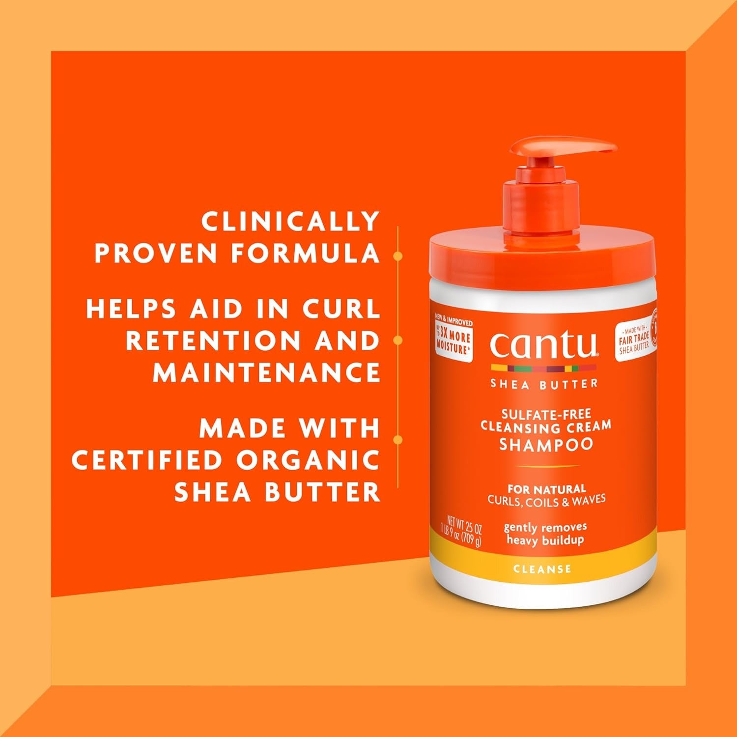 Cantu shea butter sulfate free shampoo pump jar in orange packaging for natural curls and certified organic shea butter