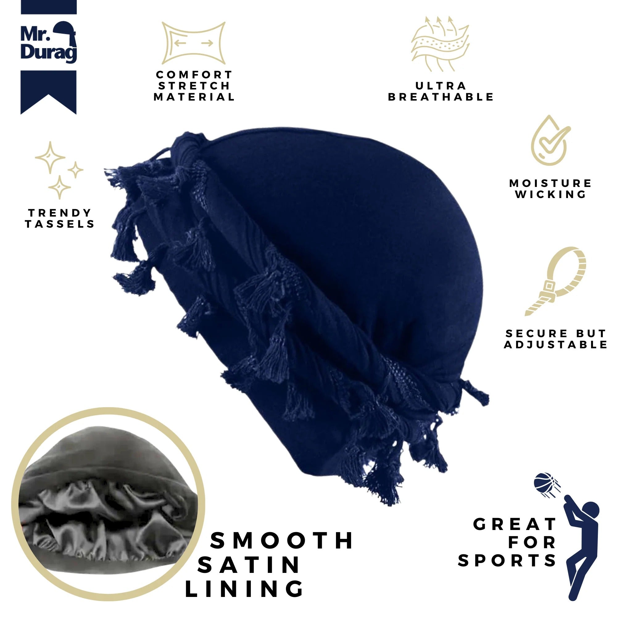 Mr. Durag Silky Spandex Crown Turban with Tassel [Assorted Colors] #4353