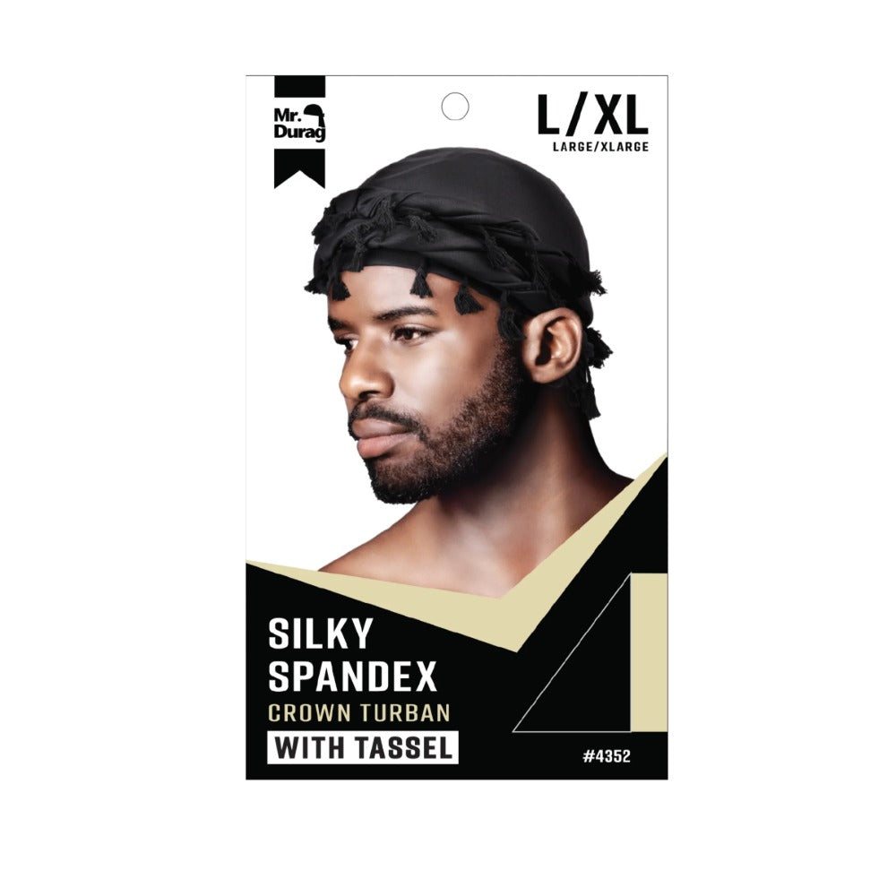 Turban couronne en élasthanne soyeux avec pompon [Noir] #04352