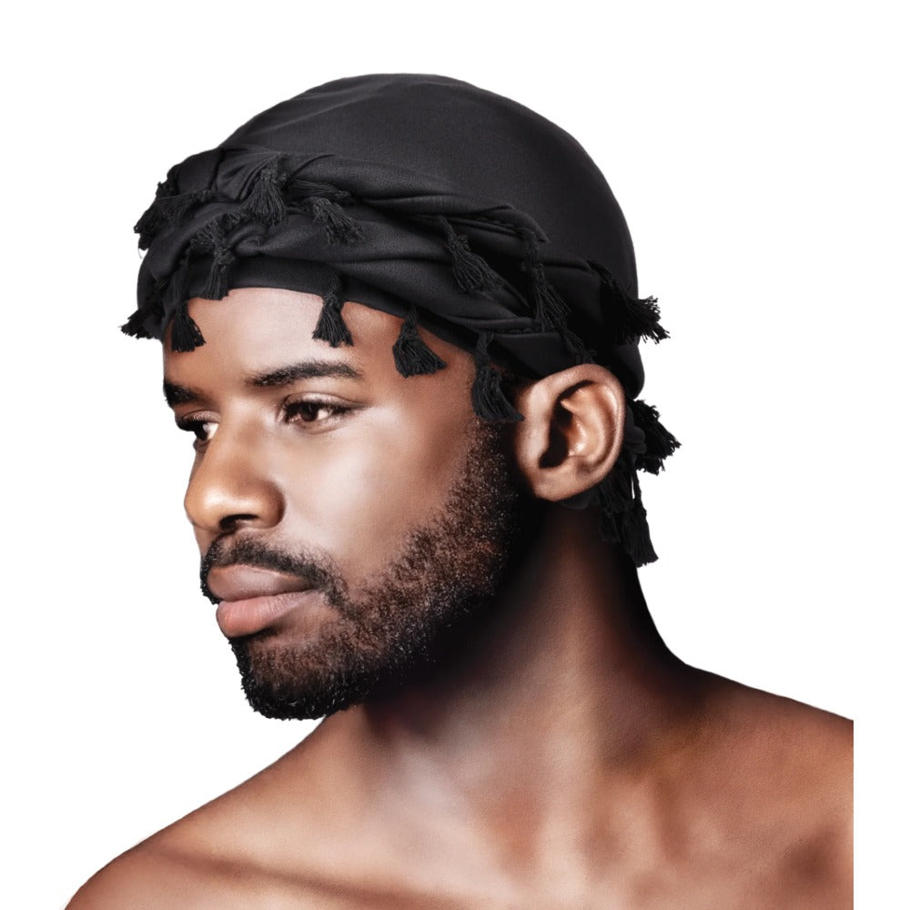 Turban couronne en élasthanne soyeux avec pompon [Noir] #04352