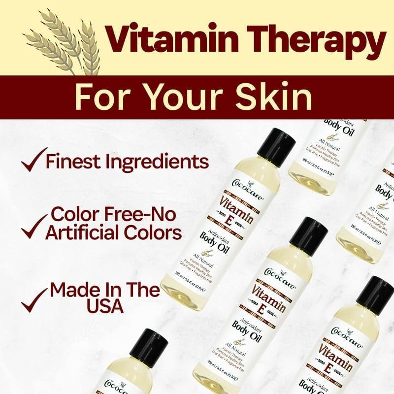 COCOCARE vitamin E body oil bottles arranged with labels and skincare claims like Made in the USA
