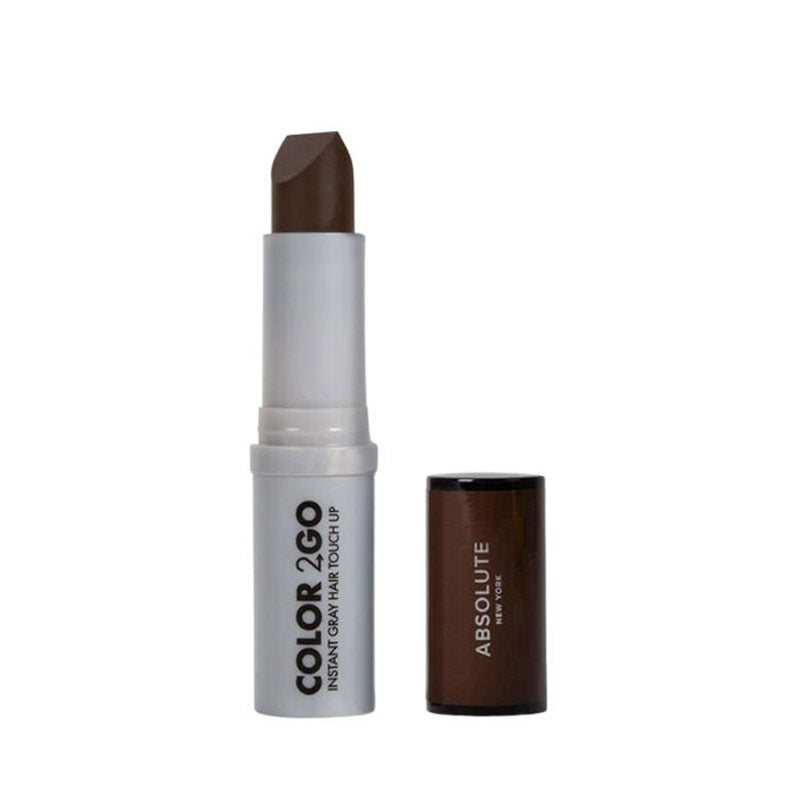 ABSOLUTE NEW YORK black brown hair touch up stick in twist up tube with cap removed showing dark brown shade