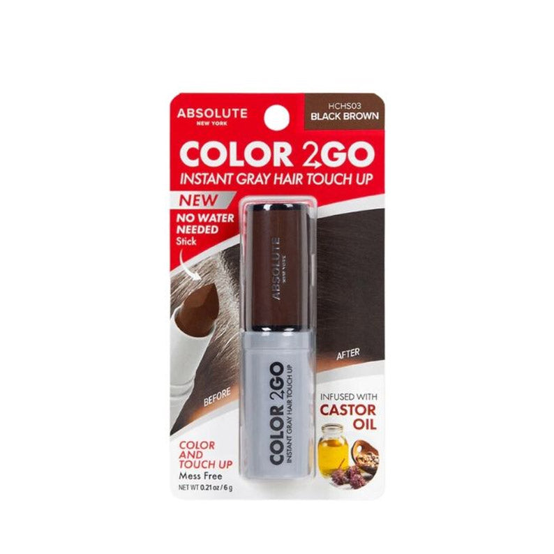 ABSOLUTE NEW YORK Color 2GO instant gray hair touch up product packaging showing black brown hair touch up stick