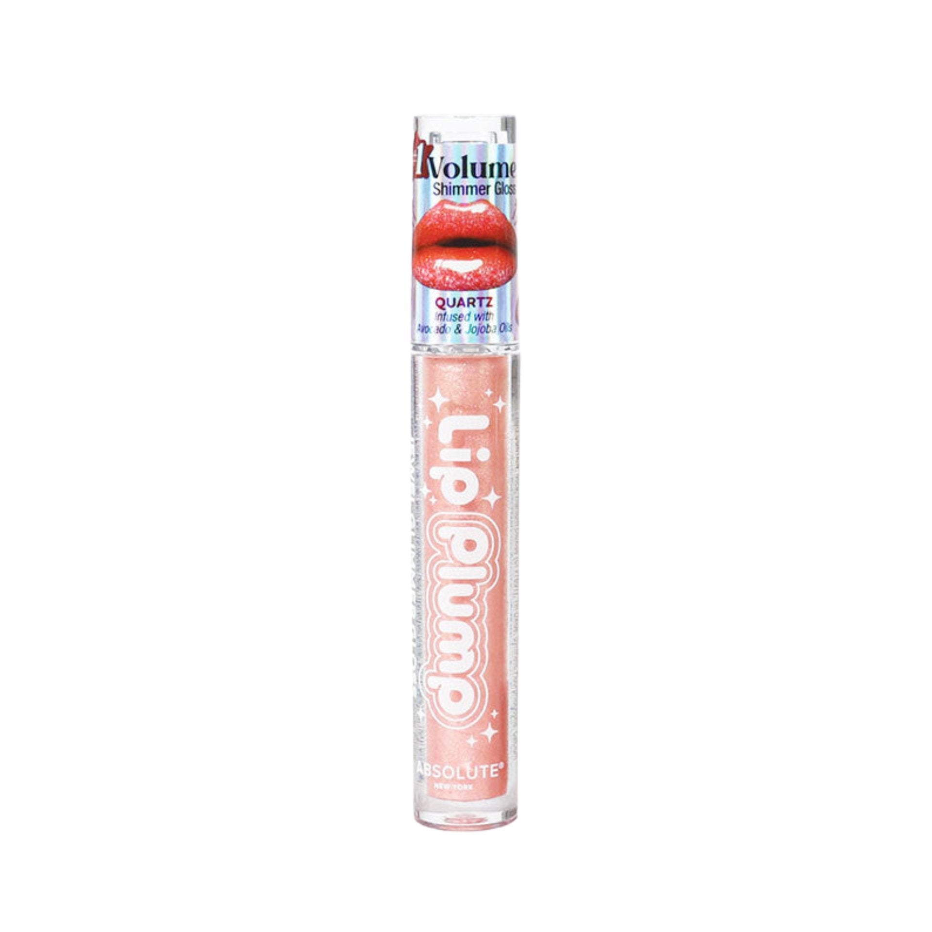 ABSOLUTE NEW YORK lip plumping gloss quartz sheer pink shimmer in clear tube with bold lip graphic