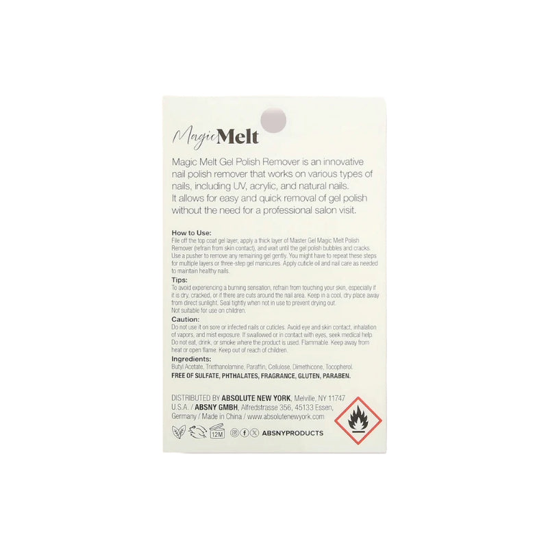 ABSOLUTE NEW YORK Magic Melt gel polish remover kit back label showing instructions ingredients and warnings