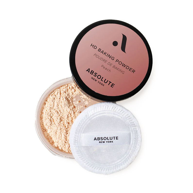 Absolute New York HD baking powder peach loose setting powder with puff and open jar for matte finish
