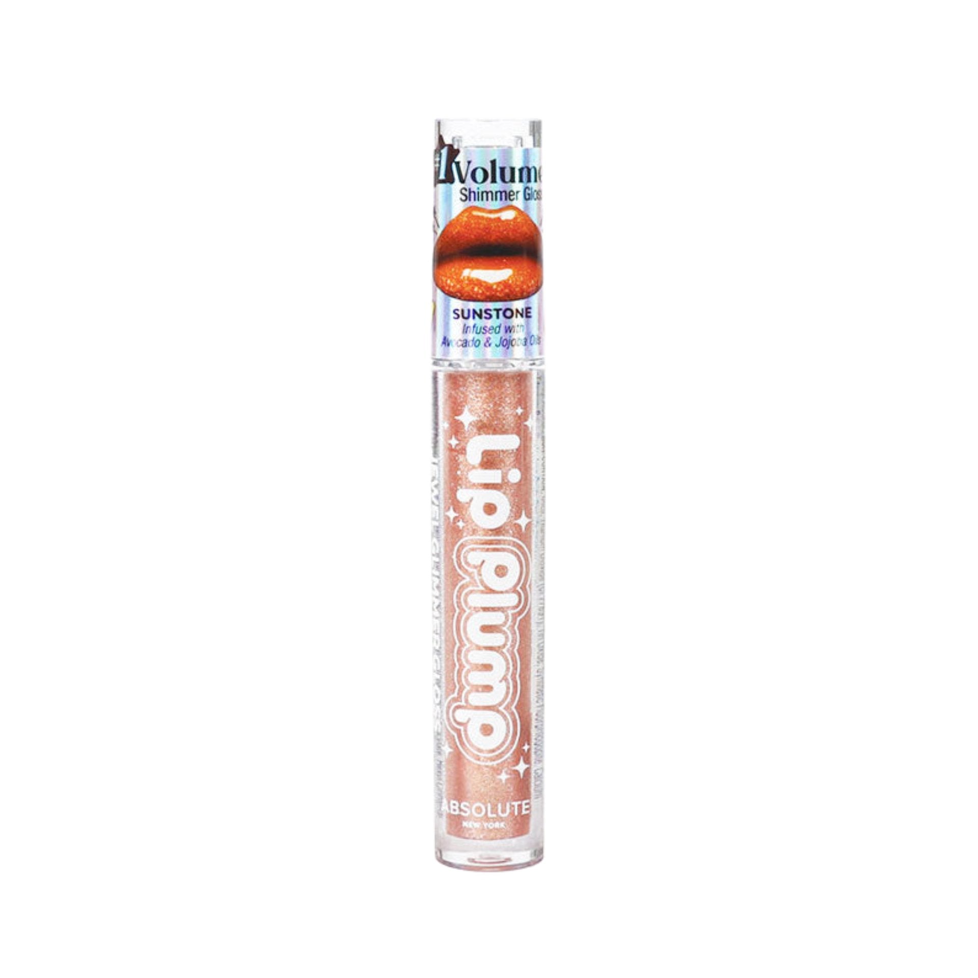 ABSOLUTE NEW YORK Sunstone plumping lip gloss with shimmer in peachy nude tube showing glittery formula