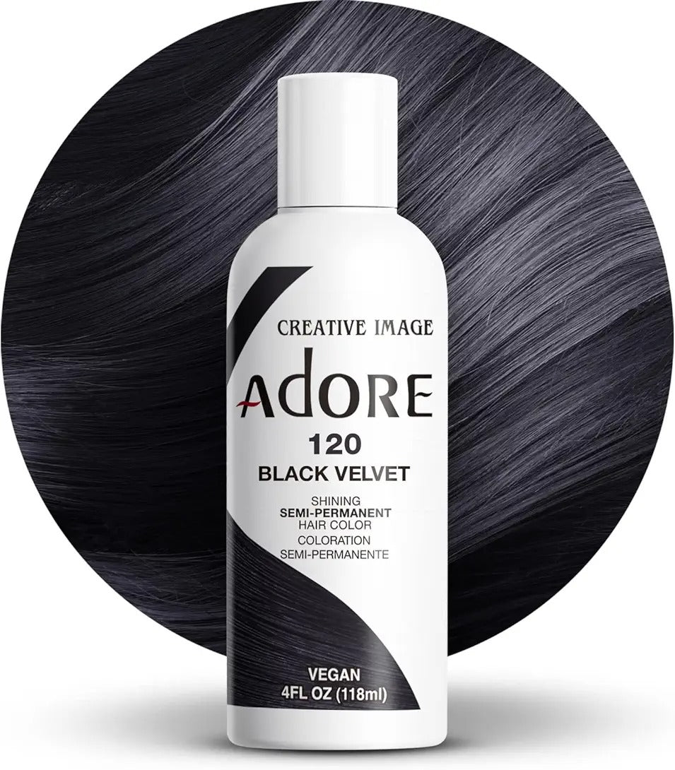 ADORE Black Velvet 120 semi permanent hair color bottle with shiny black hair background