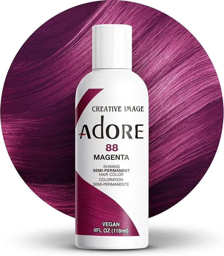 ADORE Creative Image Magenta 88 semi permanent hair color bottle with vibrant purple hair background