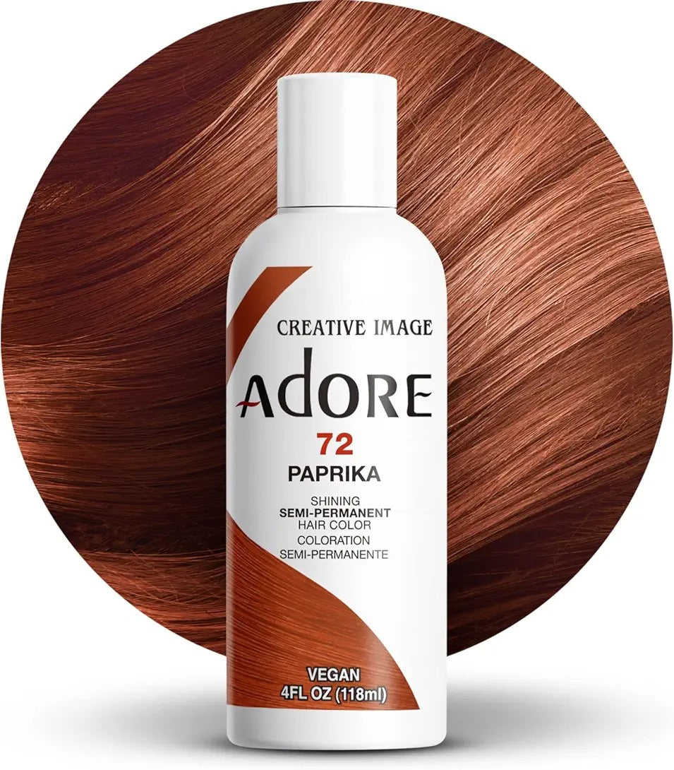 Adore semi permanent hair color bottle in paprika shade with vegan formula and vibrant red tones
