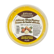 African Diamond 8 oz yellow shea butter for skin in round tub labeled 100 percent pure yellow smooth