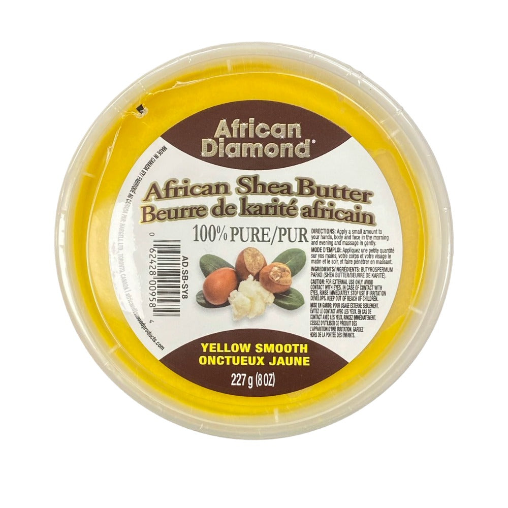 African Diamond 8 oz yellow shea butter for skin in round tub labeled 100 percent pure yellow smooth