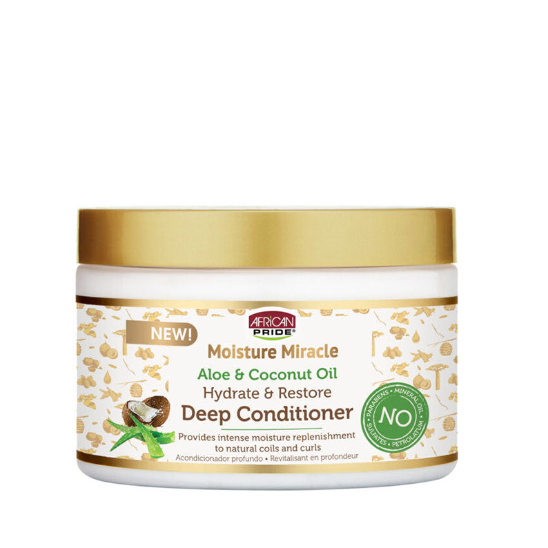 AFRICAN PRIDE Moisture Miracle aloe and coconut oil deep conditioner white jar with gold lid for hydrate and restore
