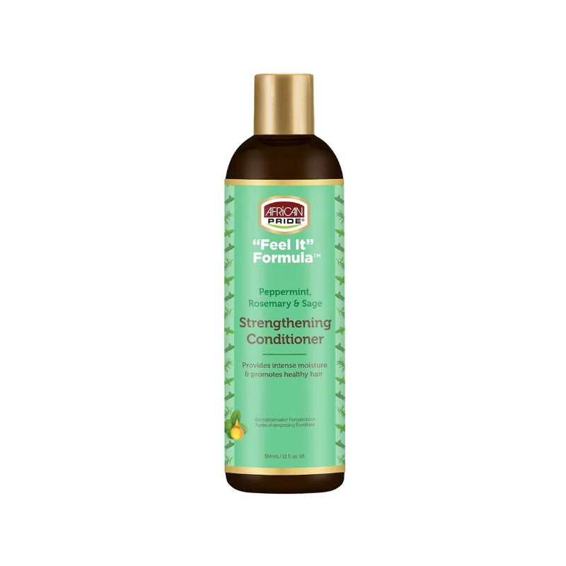 AFRICAN PRIDE strengthening conditioner for natural hair peppermint rosemary sage in green bottle with gold cap
