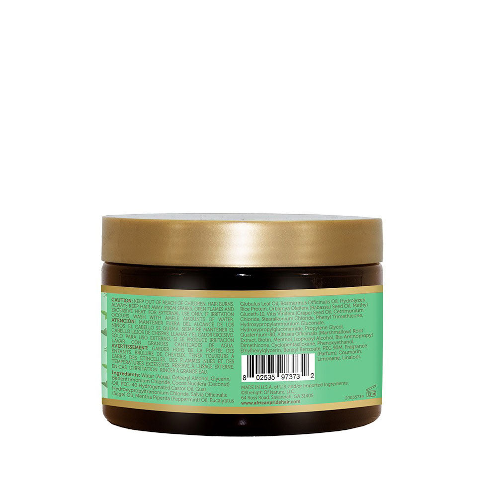 African Pride strengthening hair mask for growth jar with gold lid and green ingredient label showing barcode