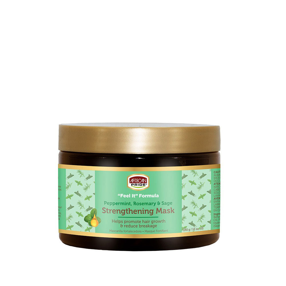 AFRICAN PRIDE peppermint rosemary and sage strengthening hair mask for growth in brown jar with gold lid