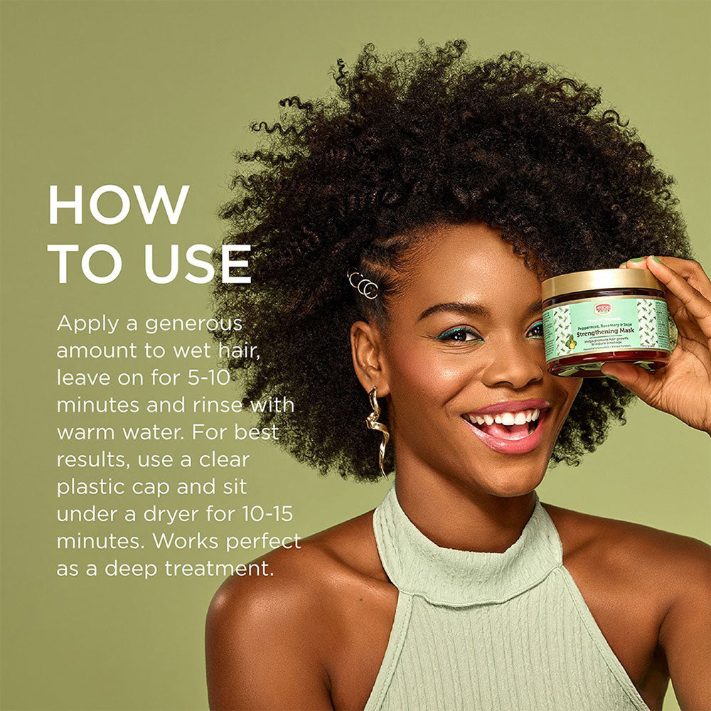 AFRICAN PRIDE strengthening hair mask for growth held by smiling woman with natural afro and usage instructions