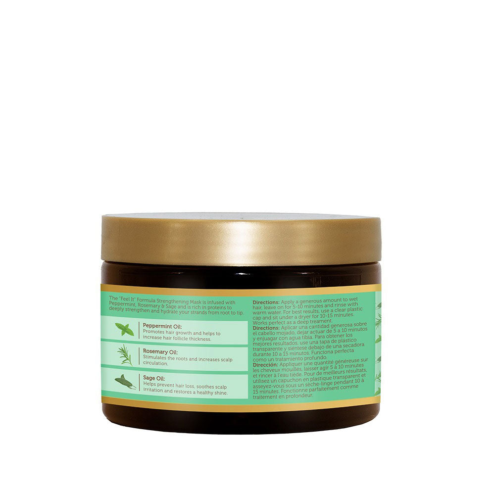 African Pride strengthening hair mask for growth in brown jar with gold lid and green botanical label