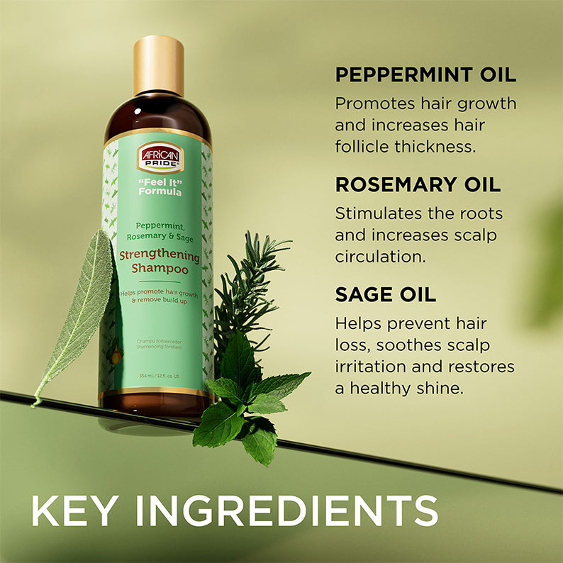 AFRICAN PRIDE peppermint rosemary sage bottle with herbs on green background strengthening shampoo for hair growth