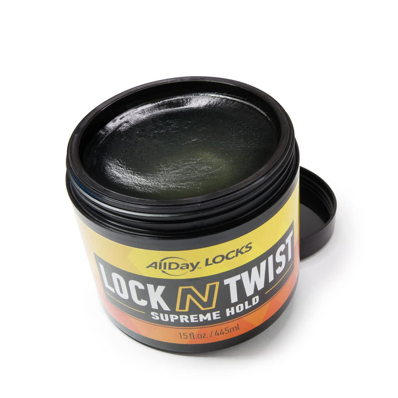 AllDay LOCKS lock and twist braiding gel open jar showing Supreme Hold green styling gel for braids