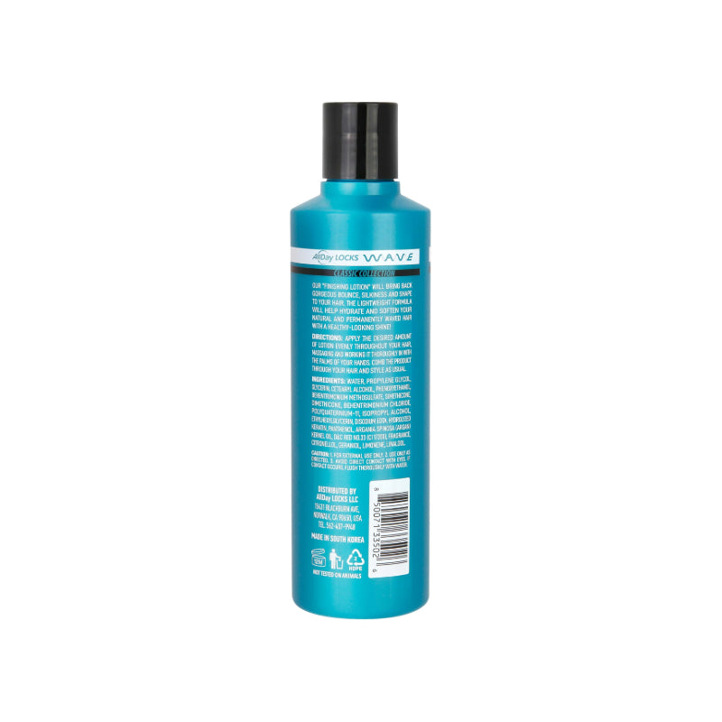 ALLDAY LOCKS moisturizing hair lotion for waves teal bottle with black flip cap and back label shown
