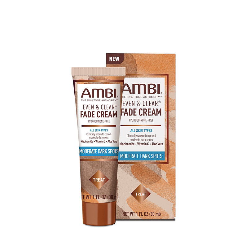 AMBI Even and Clear Fade Cream tube and box for moderate dark spots dark spot fade cream hydroquinone free