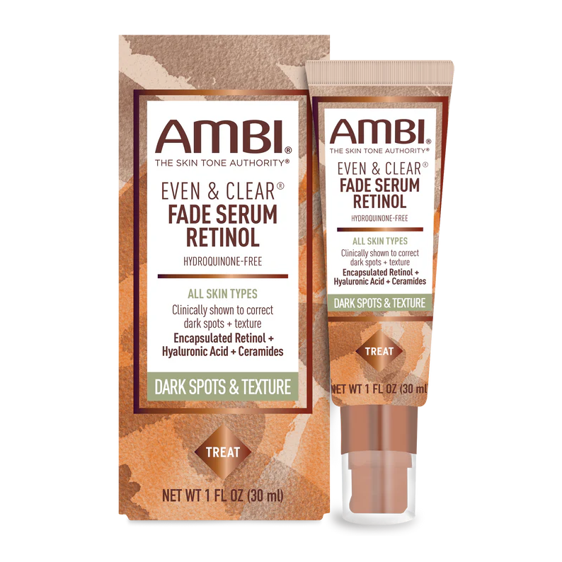 AMBI Even and Clear Retinol Fade Serum tube and box front view hydroquinone-free dark spot serum for all skin types