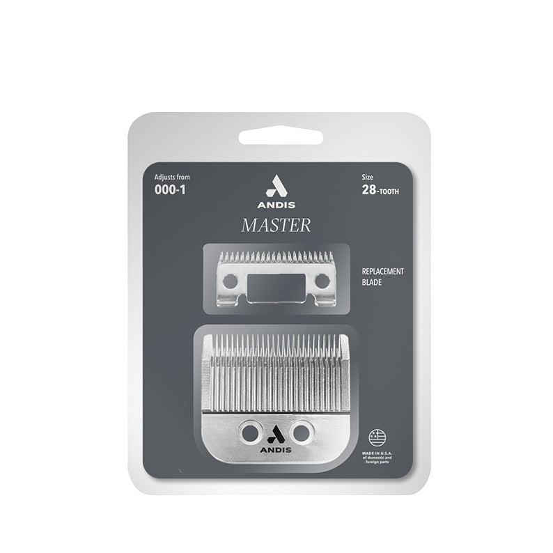 Andis Master replacement blade pack showing two stainless steel clipper blades in blister packaging