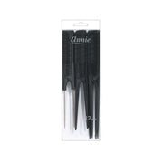 ANNIE black rat tail comb set of three in clear packaging for sectioning teasing and styling hair