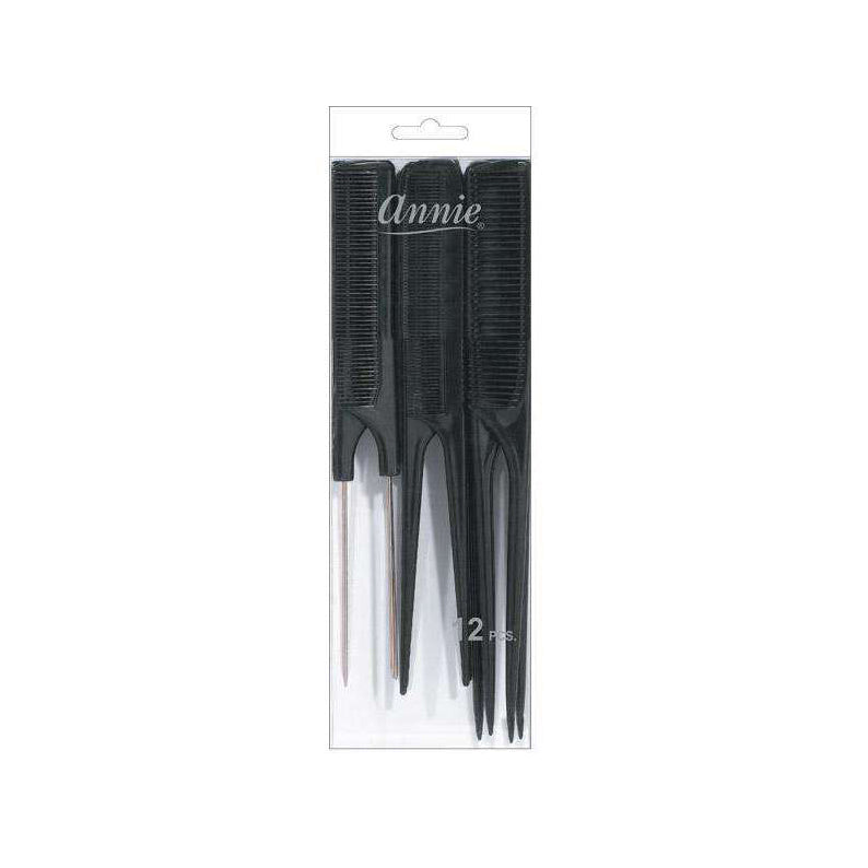 ANNIE black rat tail comb set of three in clear packaging for sectioning teasing and styling hair