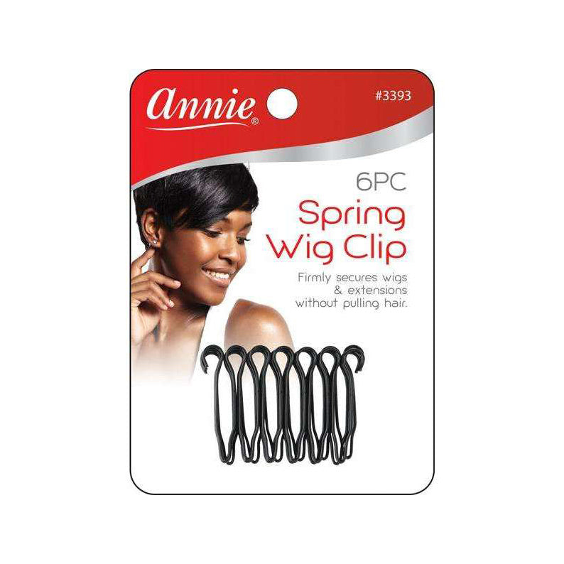 ANNIE 6pc black spring wig clips pack on card with model wearing short wig secures wig and extensions
