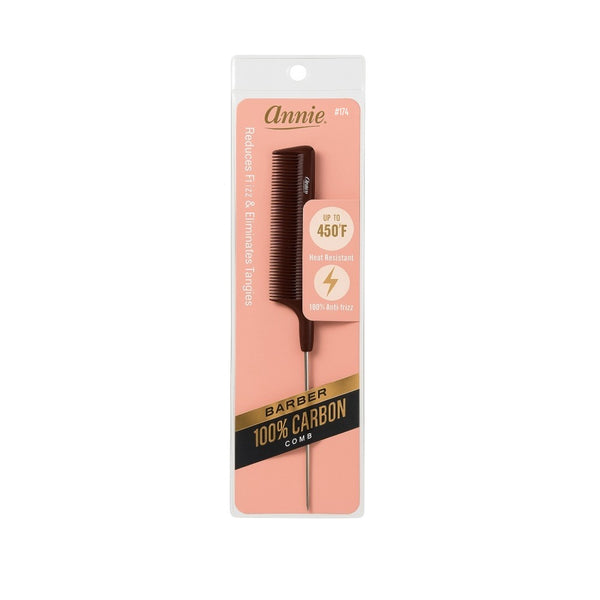 ANNIE carbon pin tail comb with 100 percent carbon material reduces frizz and eliminates tangles