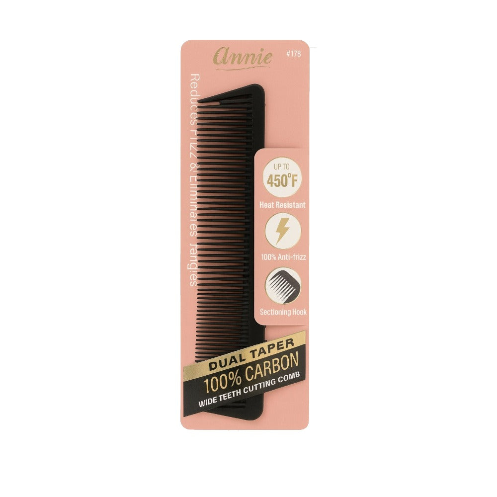 ANNIE carbon wide teeth cutting comb black dual taper 100 percent carbon on pink packaging heat resistant