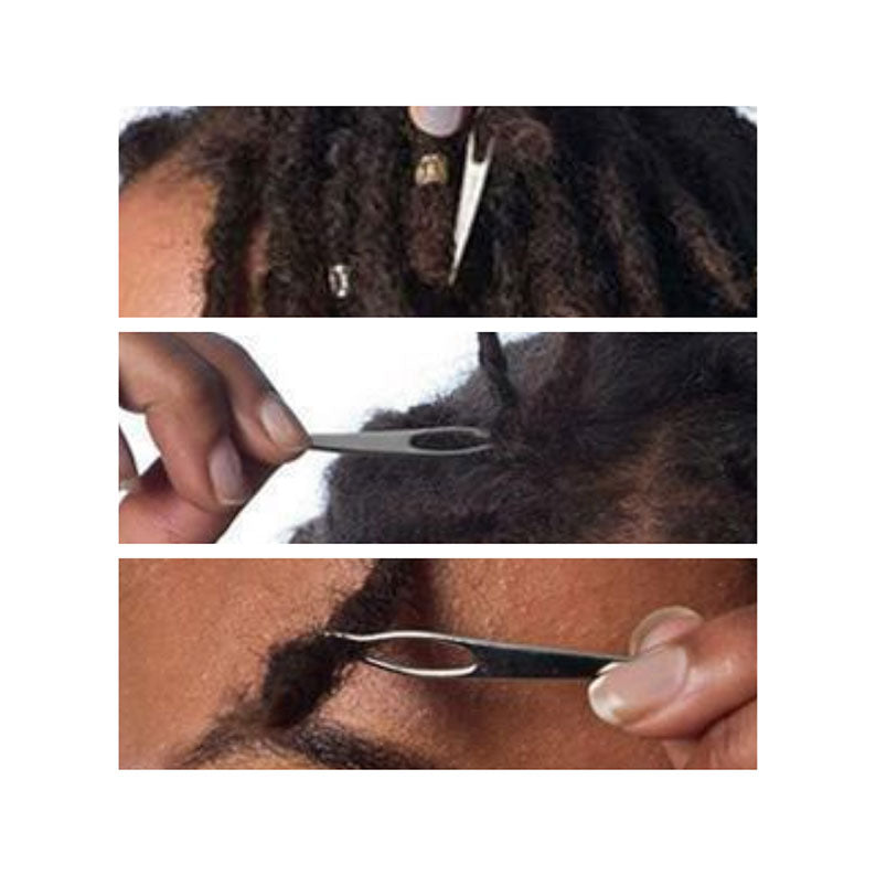 Three panel close up of ANNIE dreadlock crochet interlocking tool in use on natural textured hair