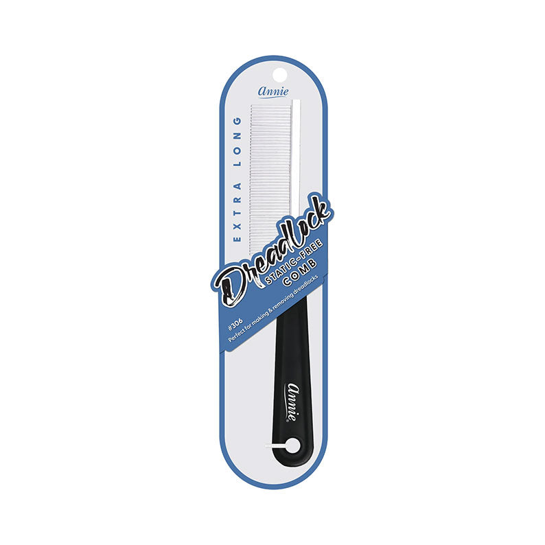 Annie extra long dreadlock comb with black handle and fine white teeth in retail packaging