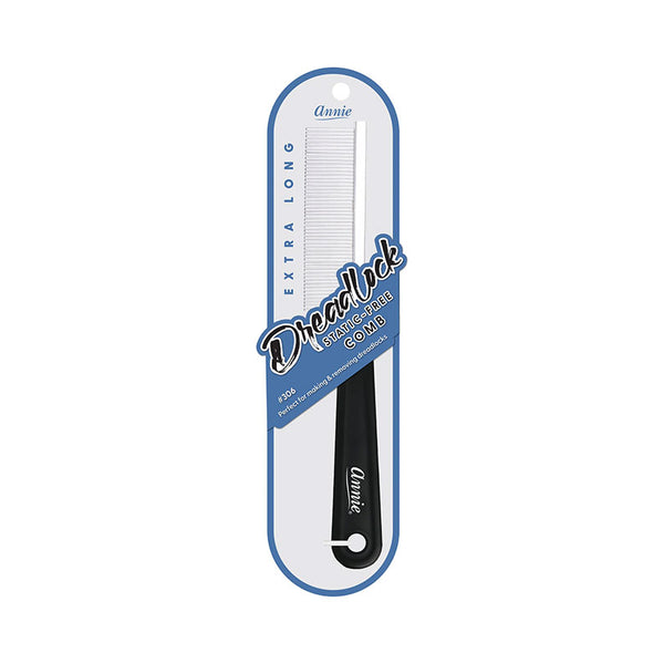 Annie extra long dreadlock comb with black handle and fine white teeth in retail packaging