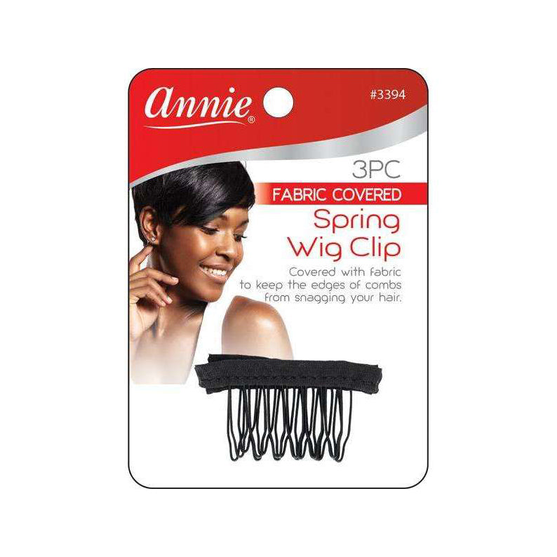 ANNIE 3pc fabric covered wig clips black spring comb on retail card with model image